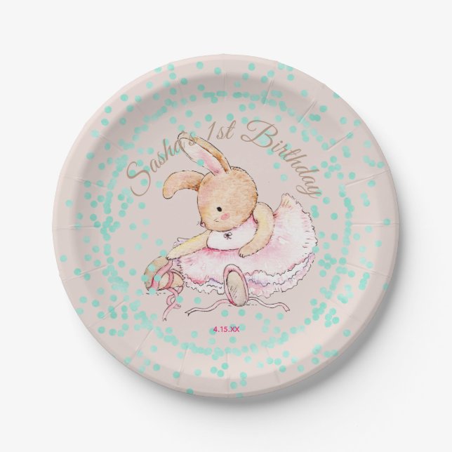 Ballet Animals Aqua Confetti Birthday Paper Plate (Front)
