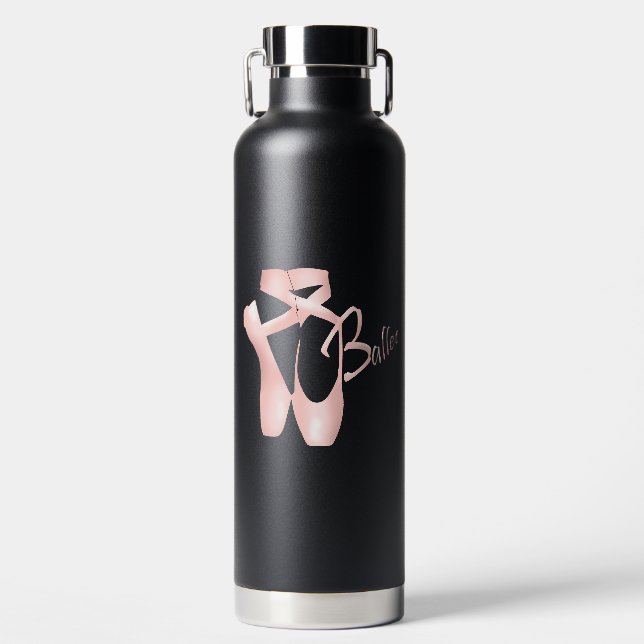 Ballet Ballerina Pink Pointe Shoes Black Water Bottle (Front)