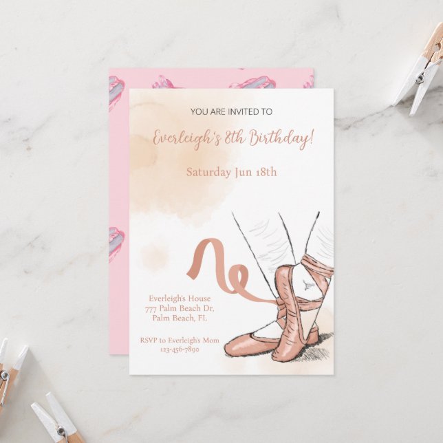 Ballet Ballerina Rose Pink Birthday Invitation (Front/Back In Situ)