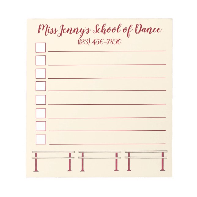 Ballet Barre Dance Studio Teacher Personalised Notepad (Front)