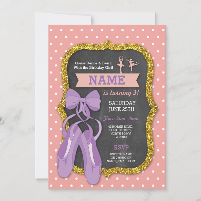 Ballet Birthday Party Ballerina Glitter Invitation (Front)