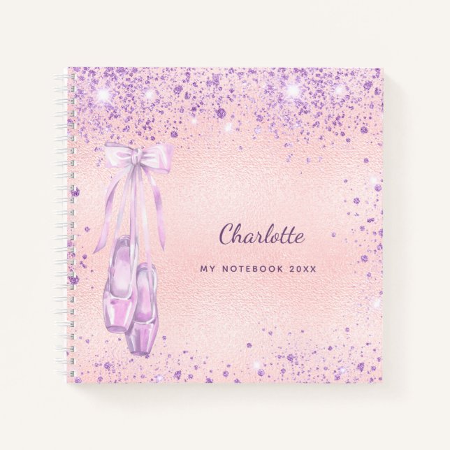 Ballet dance blush pink purple glitter monogram notebook (Front)