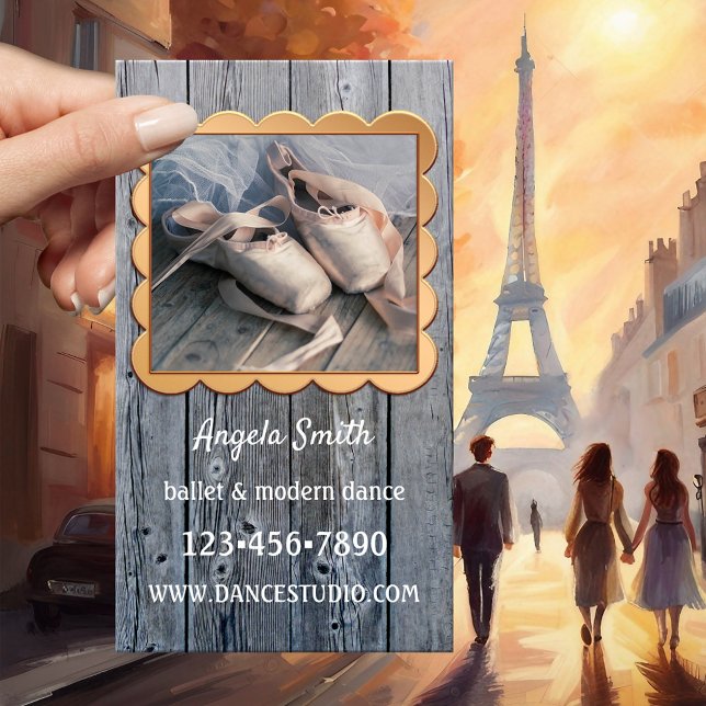 Ballet Dance Photo Teacher Business Card (Business card showing your photo framed by a curvy rose gold design on rustic wood - ballet teacher)