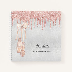 Ballet dance silver rose gold glitter monogram notebook