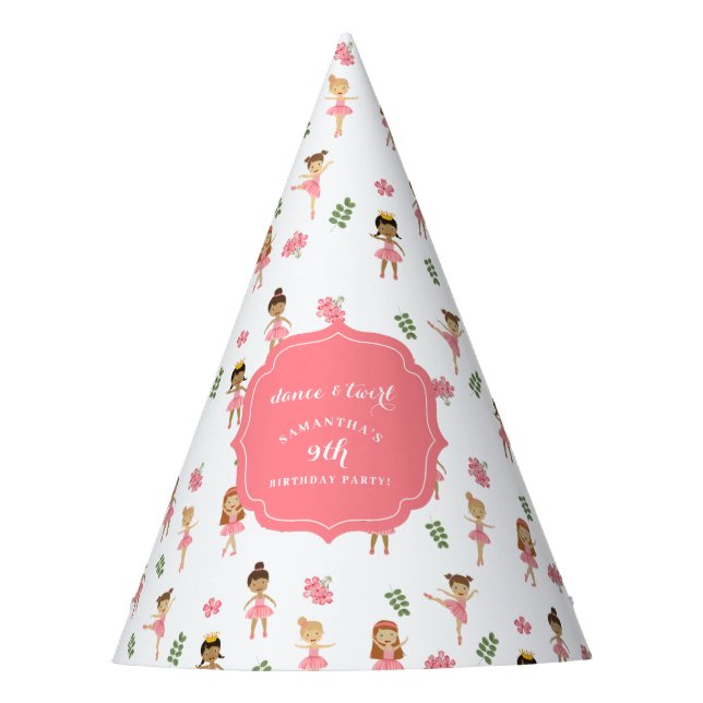 Ballet Dance & Twirl Pink Ballerina Birthday  Party Hat (Front)