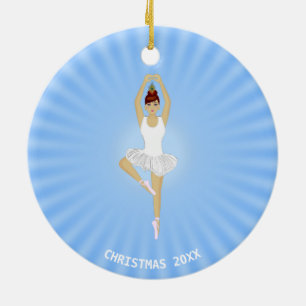 Ballet dancer dressed in white on light blue ceramic tree decoration