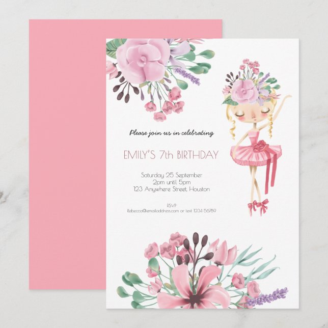 Ballet Dancer Florals Girl 7th Birthday Party Invitation (Front/Back)