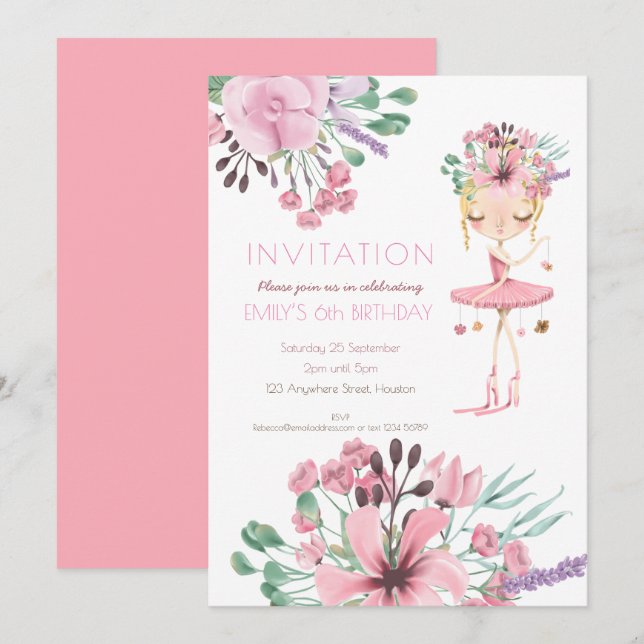 Ballet Dancer Florals Girls 6th Birthday Party Invitation (Front/Back)