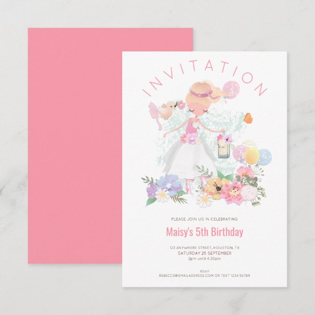 Ballet Dancer Florals Pink Girl 5th Birthday Party Invitation (Front/Back)