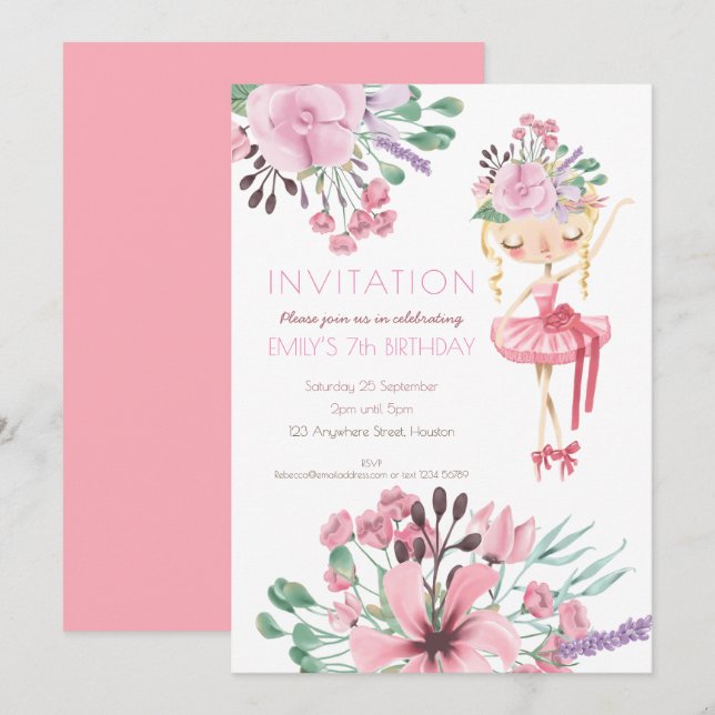 Ballet Dancer Flowers Girl 7th Birthday Party Invitation (Front/Back)