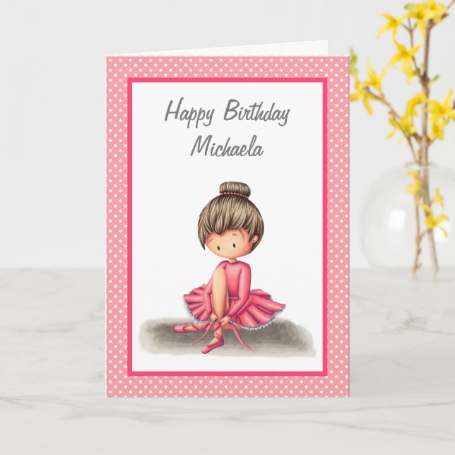 Ballet Dancer in Pink Dress Personalised Birthday Card (Yellow Flower)