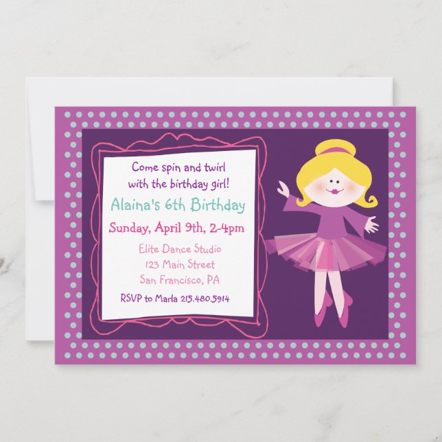 Ballet Dancer Kids Party Birthday Invitation (Front)