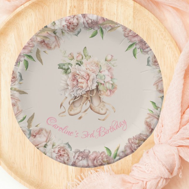 Ballet Dancer Pink Floral Birthday Paper Plate (Creator Uploaded)