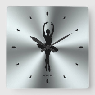 Ballet Dancer Silhouette On Stainless Steel Square Wall Clock