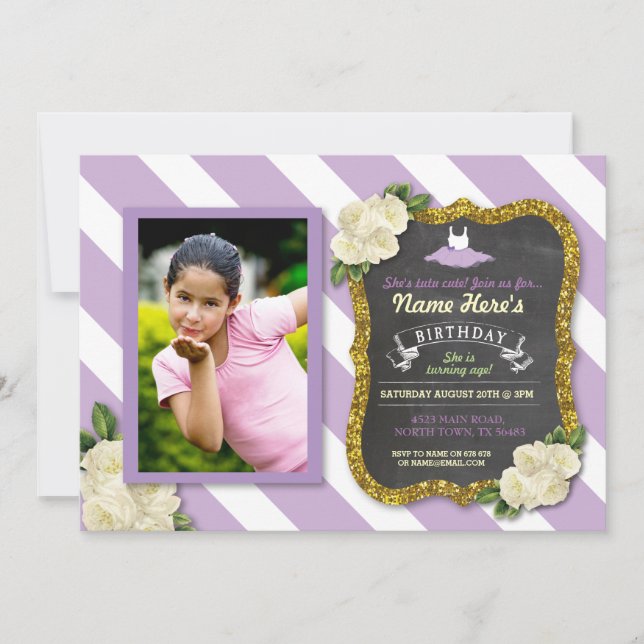 Ballet Dancer Tutu Purple Glitter Birthday Invite (Front)