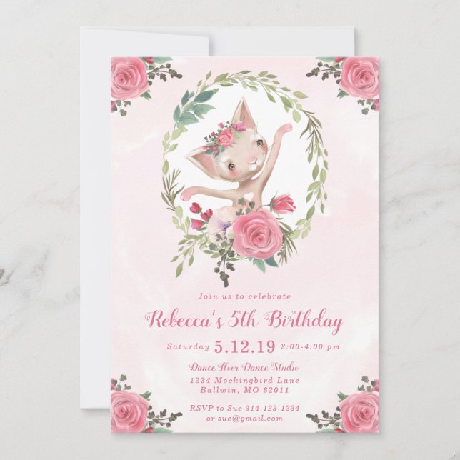 Ballet Dancing Kitten Birthday Party Invitation (Front)