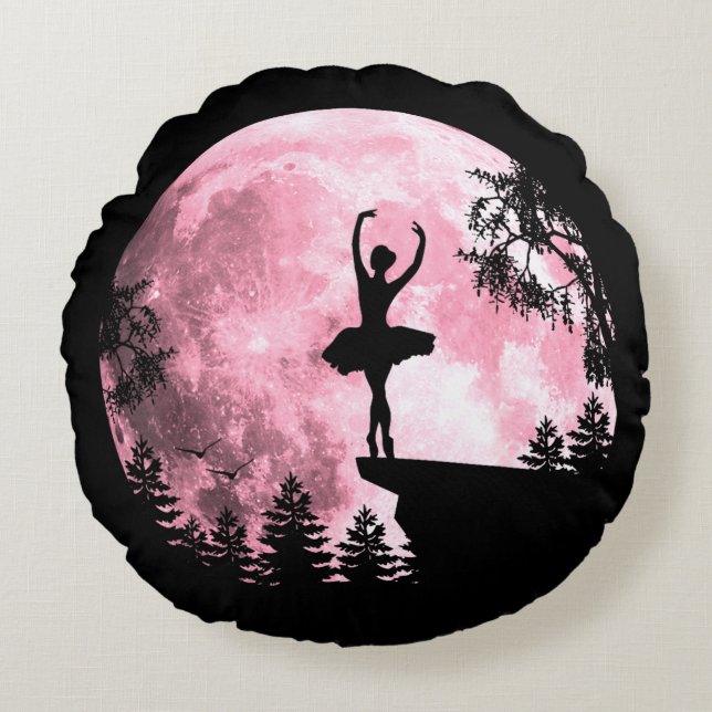 Ballet Dancing Pink Full-Moon Ballerina Women Girl Round Cushion (Front)