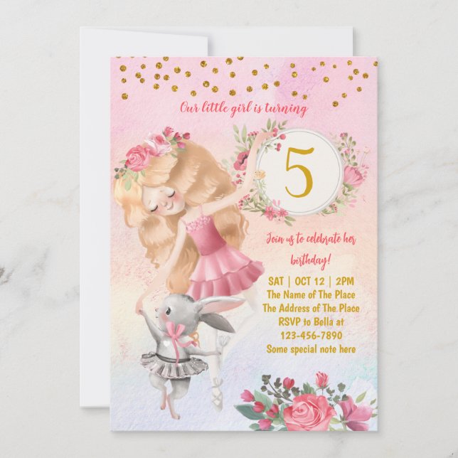 Ballet Girl And Bunny Birthday Party Invitation (Front)