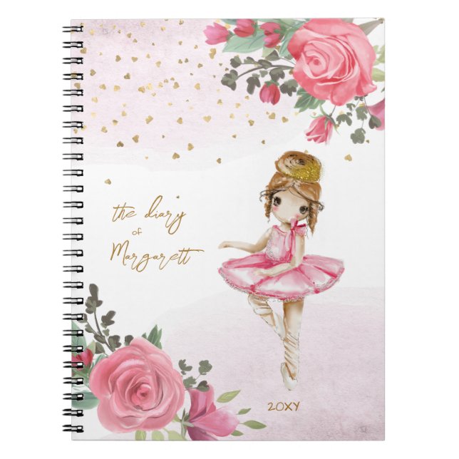 Ballet Girl Pink Floral Her Lovely Daily Diary Notebook (Front)