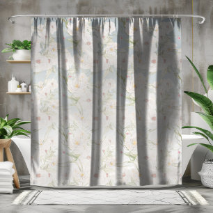 Ballet of Petals: White Flowers on Blue & White Shower Curtain