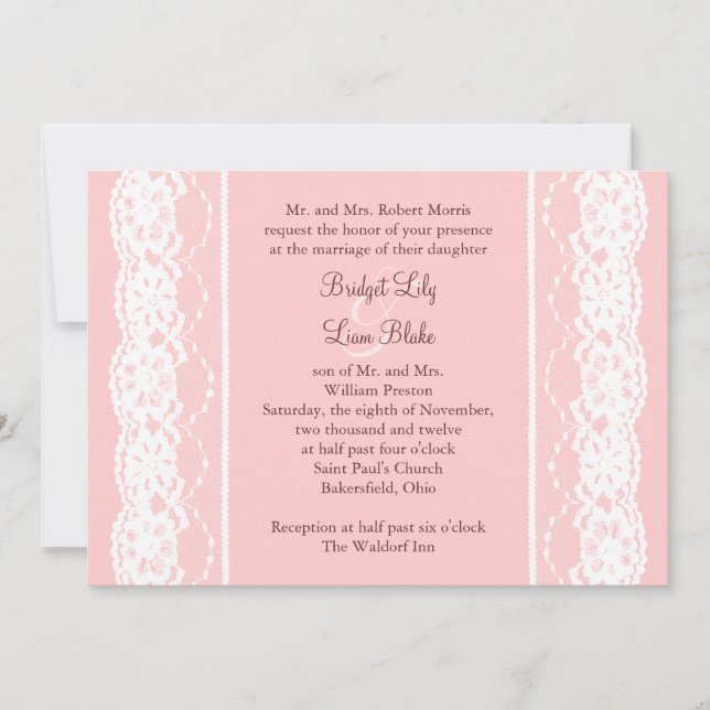 Ballet Pink and Vintage Lace Wedding Invitation (Front)