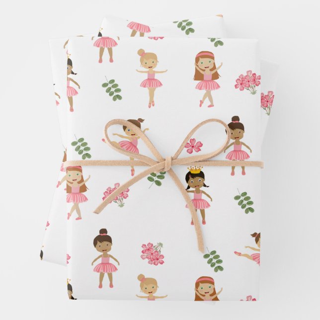 Ballet Pink Ballerinas Dancing Pattern Wrapping Paper Sheet (In situ)
