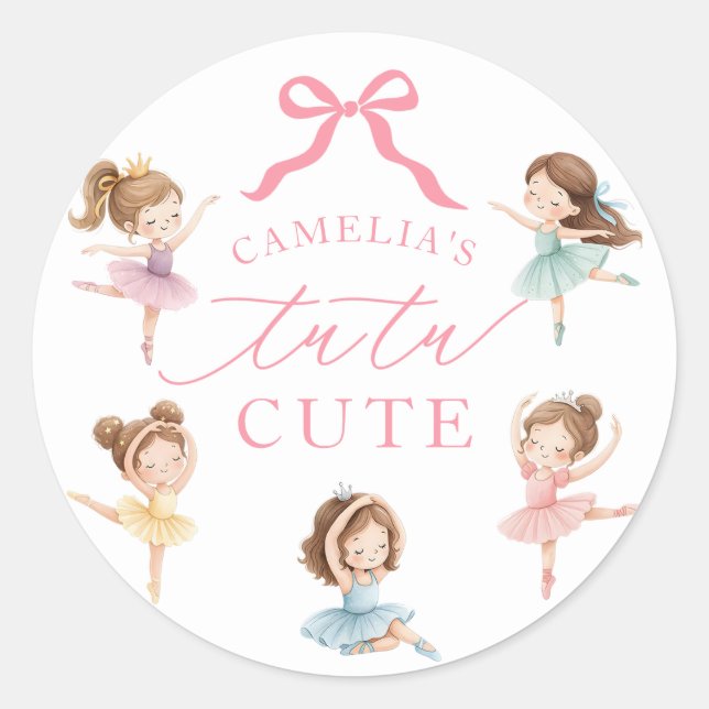 Ballet Pink Girls Bow Tutu Ballerina 1st Birthday Classic Round Sticker (Front)