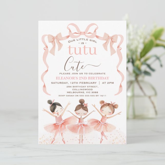 Ballet Pink White Tutu Ballerina 2nd Birthday Invitation (Standing Front)