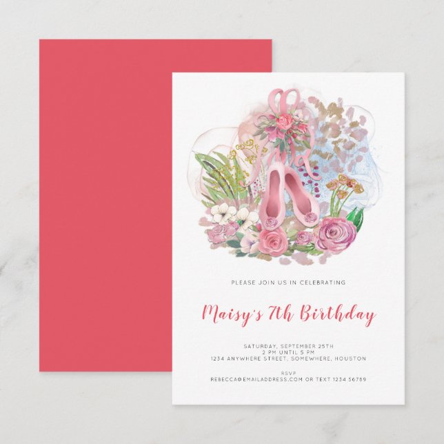Ballet Pumps Florals Pink Girl 7th Birthday Party Invitation (Front/Back)