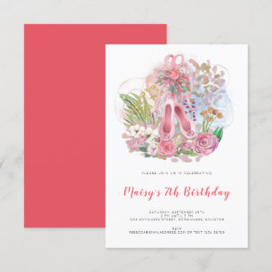 Ballet Pumps Florals Pink Girl 7th Birthday Party Invitation