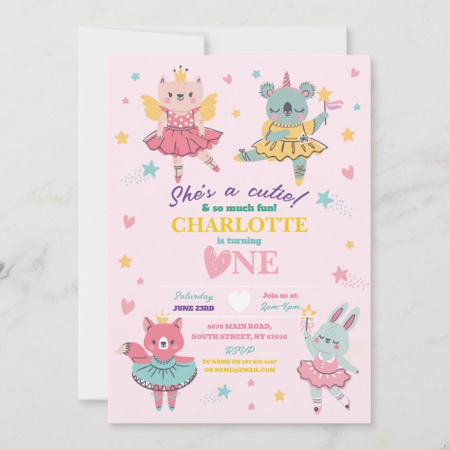 Ballet Rainbow Tutu Pink Bear Birthday Pink Invitation (Front)