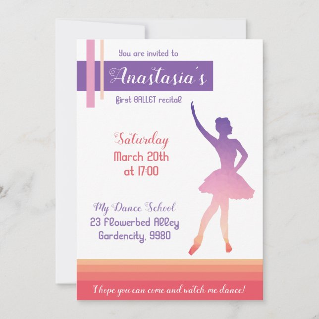 Ballet recital invitation, purple ballerina girl invitation (Front)
