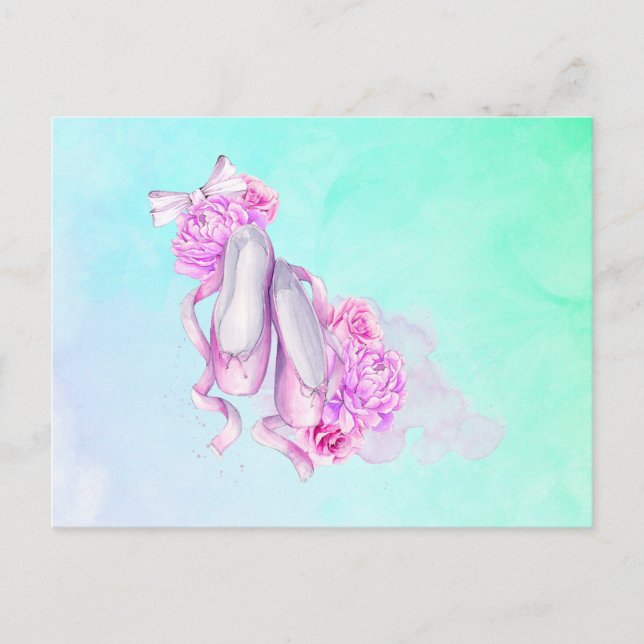 Ballet Shoes Bows and Peonies in Pink Watercolors Postcard (Front)