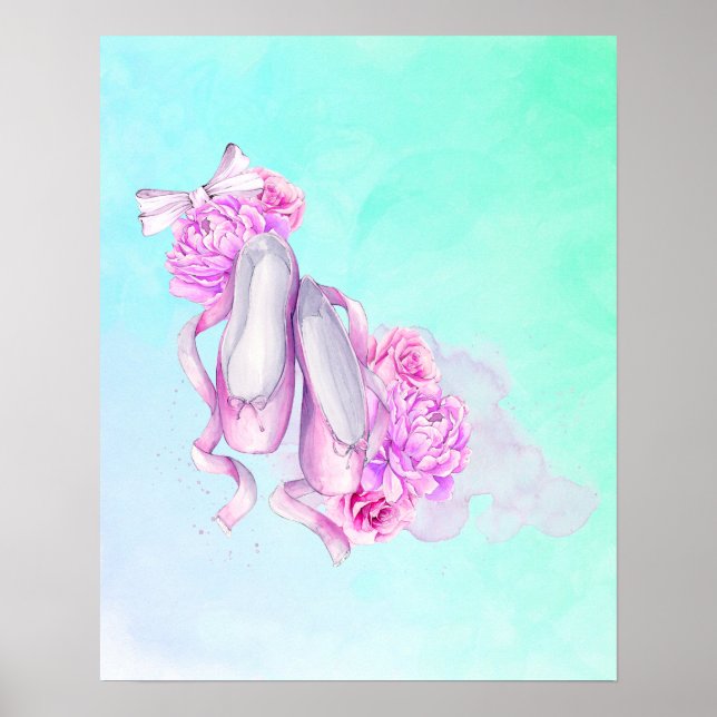 Ballet Shoes Bows and Peonies in Pink Watercolors Poster (Front)