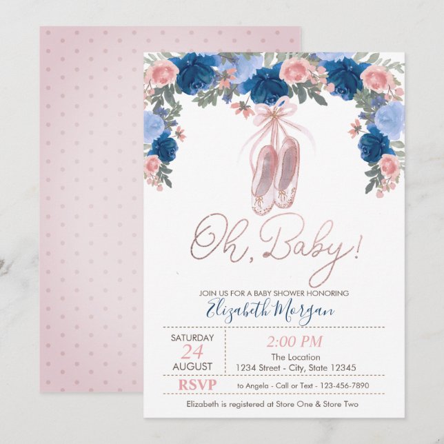 Ballet Shoes Dots Floral  Baby Shower  Invitation (Front/Back)