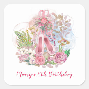 Ballet Shoes Flowers Pink Girl 6th Birthday Party Square Sticker