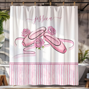 Ballet Shoes Pink and White Watercolor Stripes Shower Curtain