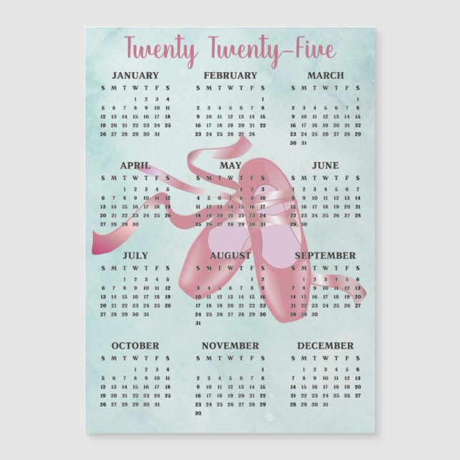 Ballet Shoes Slippers 2025 Calendar Magnetic Card (Front)