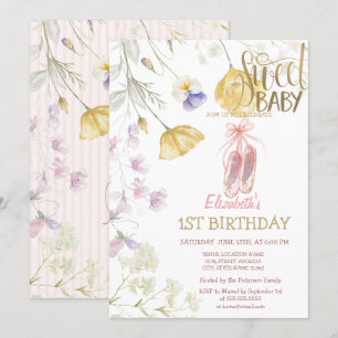  Ballet Shoes Stripe Wildflowers Birthday  Invitation
