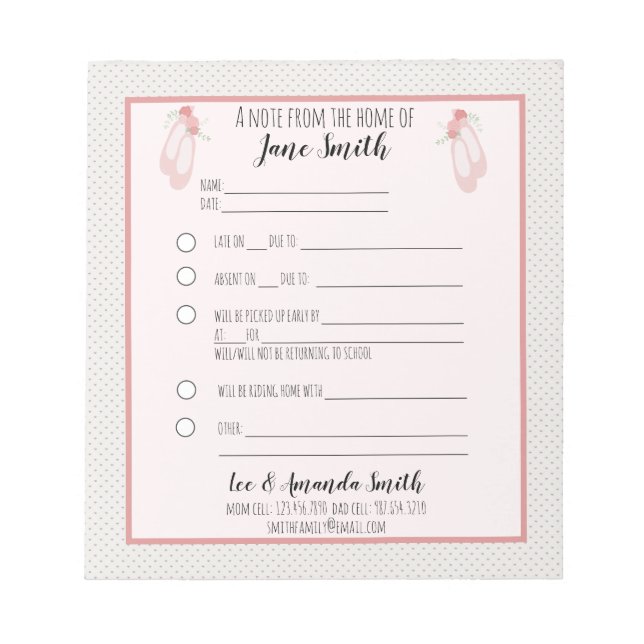 Ballet Slippers School Note Excuse 1 Child (Front)