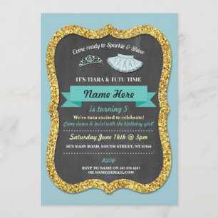Ballet Tiara Tutu Teal Glitter Birthday Invitation