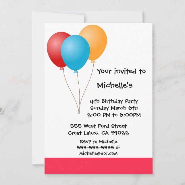 Ballon Birthday Party Invitation (Front)