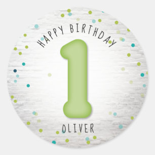 Ballon Brick Confetti Blue Green First Birthday Classic Round Sticker