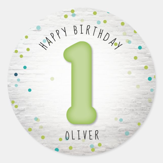 Ballon Brick Confetti Blue Green First Birthday Classic Round Sticker (Front)