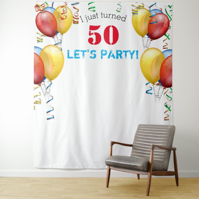 Balloon 50th Birthday Photo Booth Backdrop Tapestry (In Situ)
