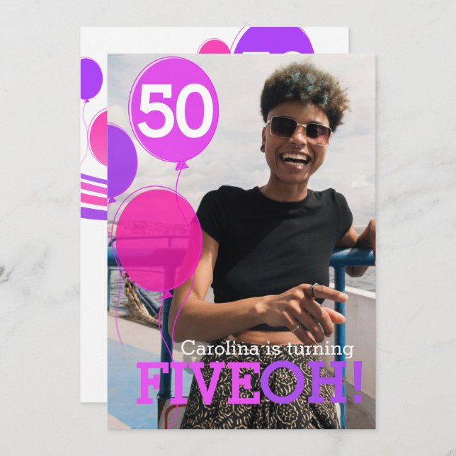 Balloon 50th FIVEOH! photo birthday invite (Front/Back)