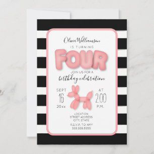 Balloon Animal Black + White Pink 4th Birthday Invitation