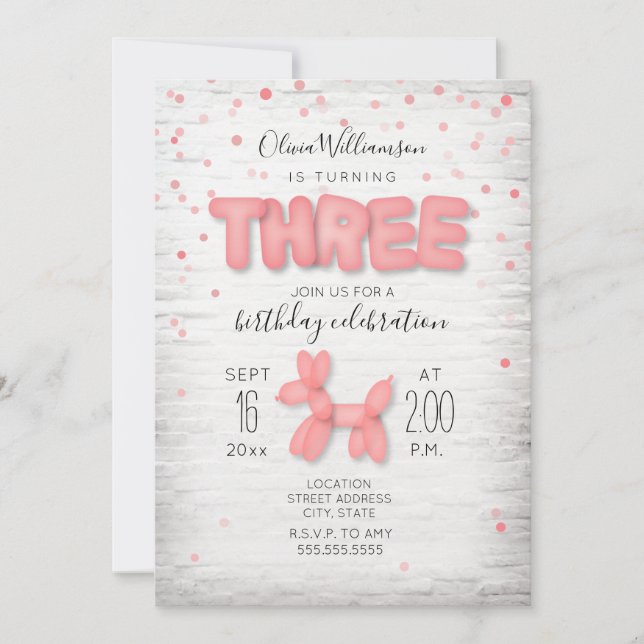 Balloon Animal Brick Confetti Pink 3rd Birthday Invitation (Front)