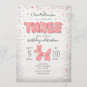 Balloon Animal Brick Confetti Pink 3rd Birthday Invitation