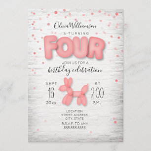 Balloon Animal Brick Confetti Pink 4th Birthday Invitation